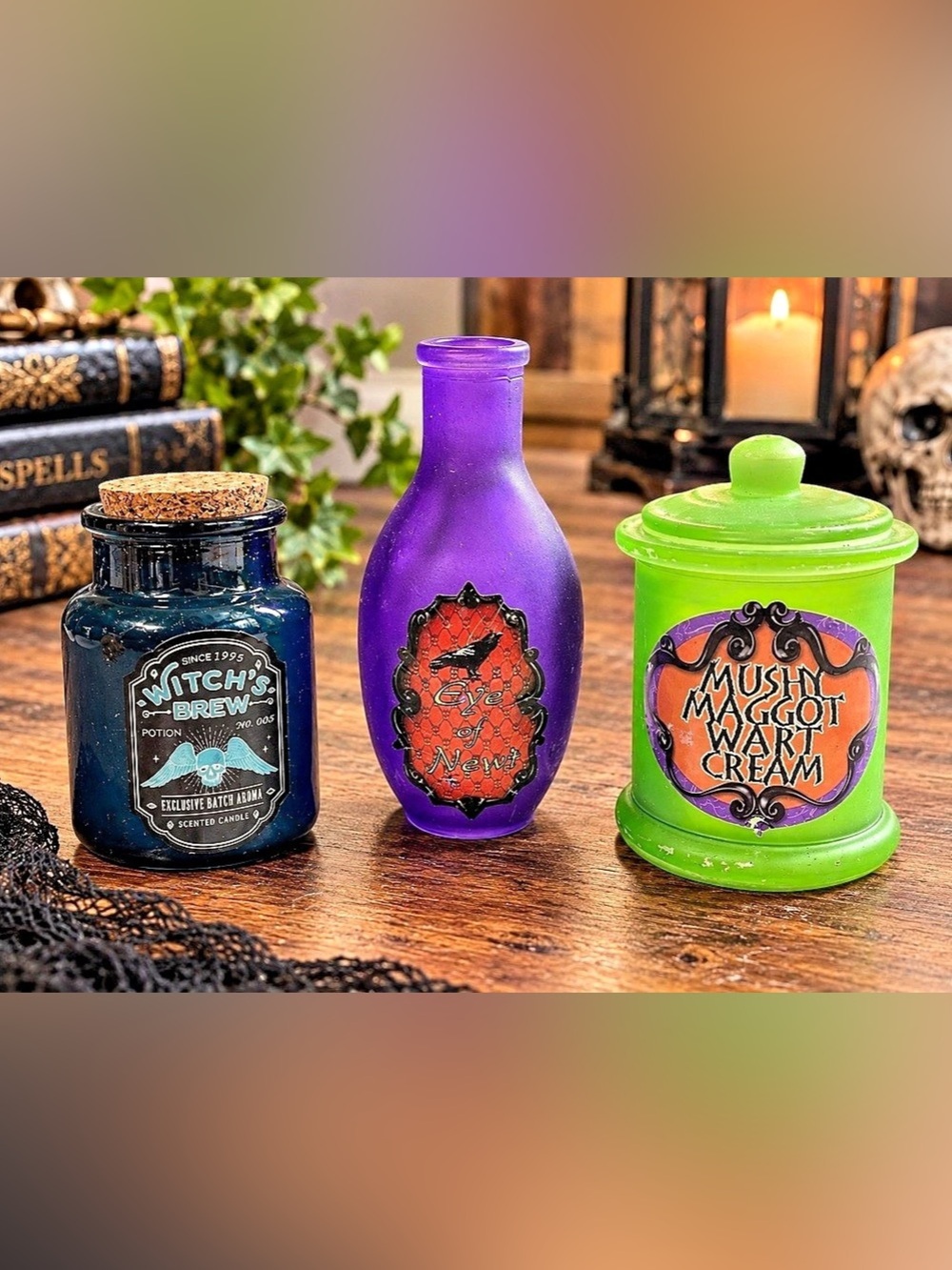 Set of 3 Glass Halloween Witch Potion Jars Eye of Newt Witch’s Brew Decor